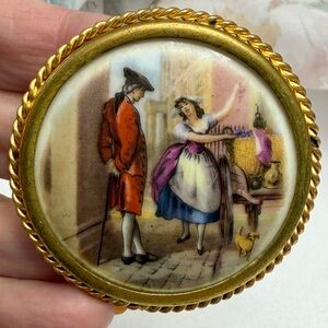 Vintage Limoges Hand-Painted Porcelain Brooch with Gold Frame - p. Postpaid